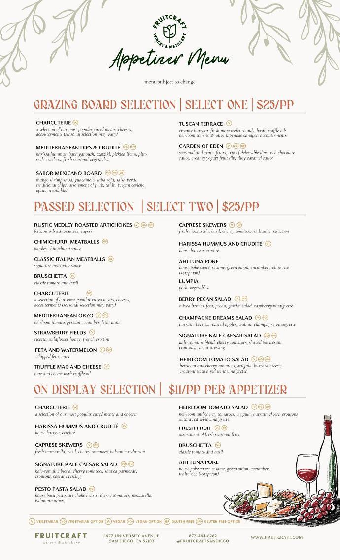 Appetizer menu showcasing starters available at FruitCraft’s weddings and private events.