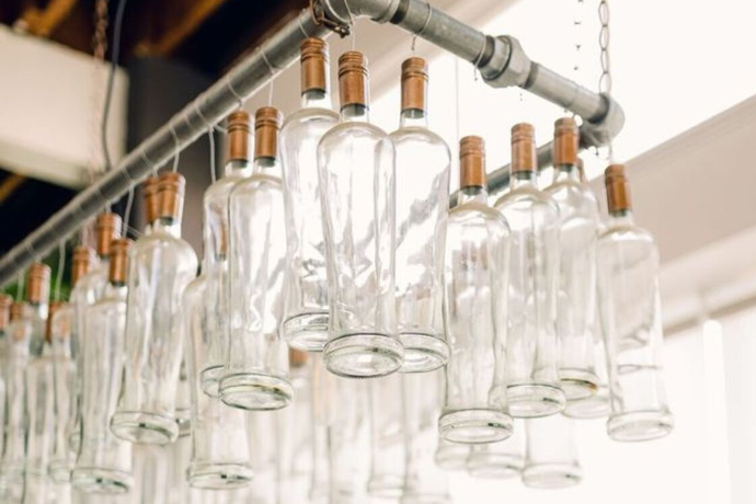 Upcycled bottles used as decorative elements at FruitCraft San Diego