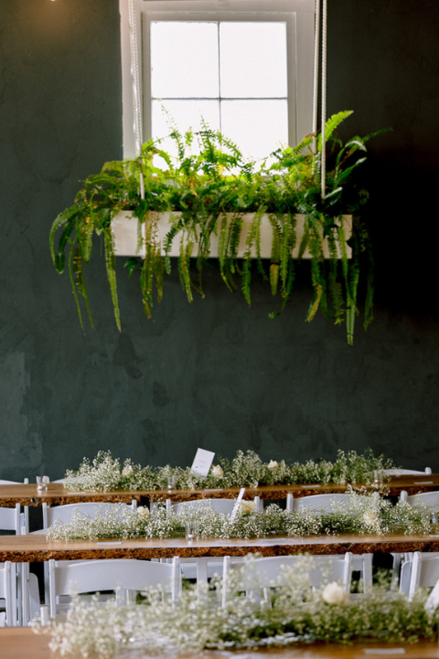 Douglas Fir table setup with greenery and white florals at FruitCraft San Diego