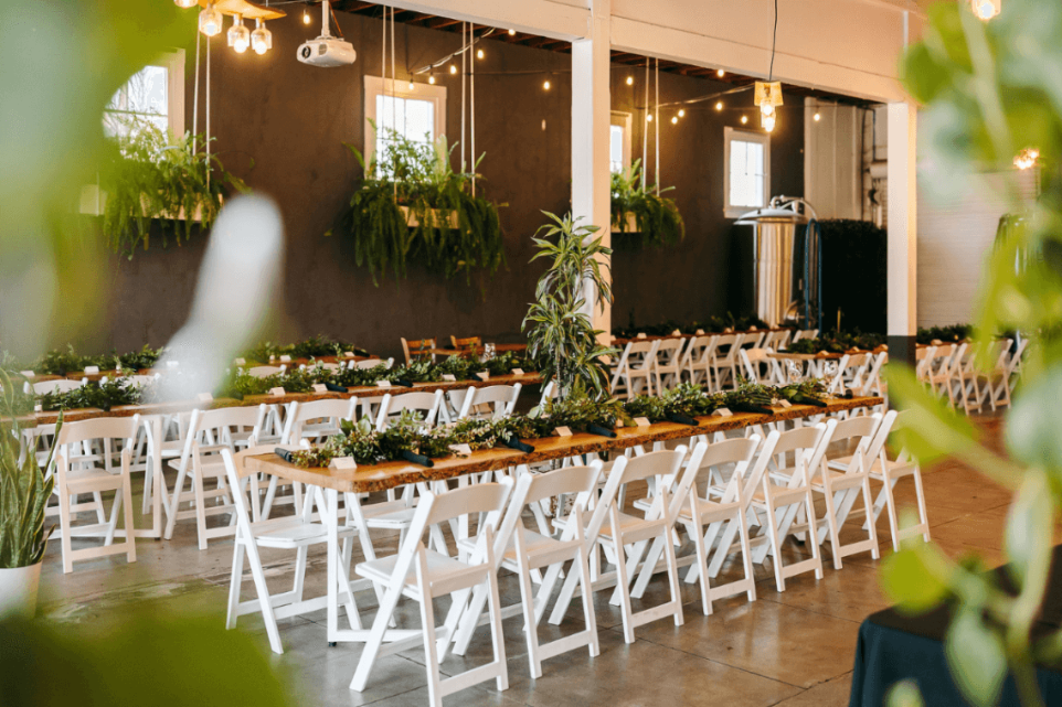 Douglas Fir tables arranged for an event at FruitCraft